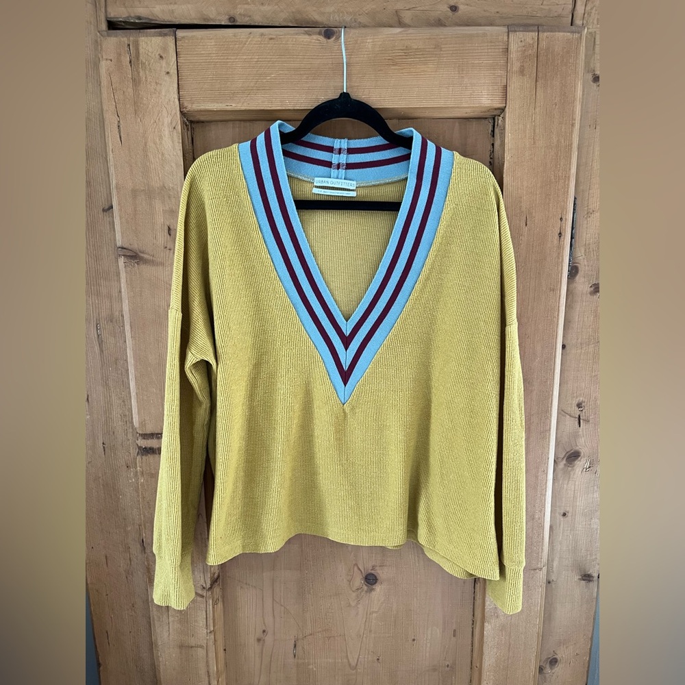 Urban Outfitters Mustard Yellow V-Neck Sweater with Blue and Maroon Trim